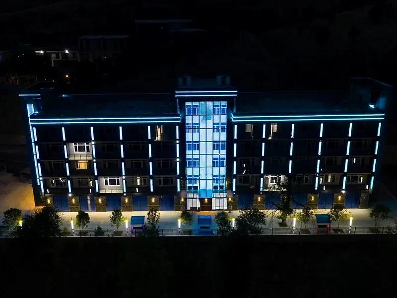 The main building at dusk