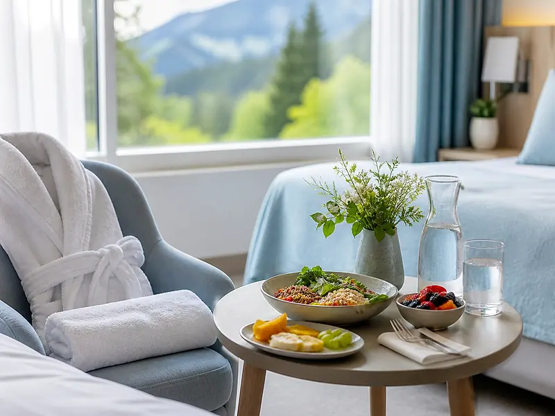 A bright guest room with a balanced meal, mineral water and a bathrobe